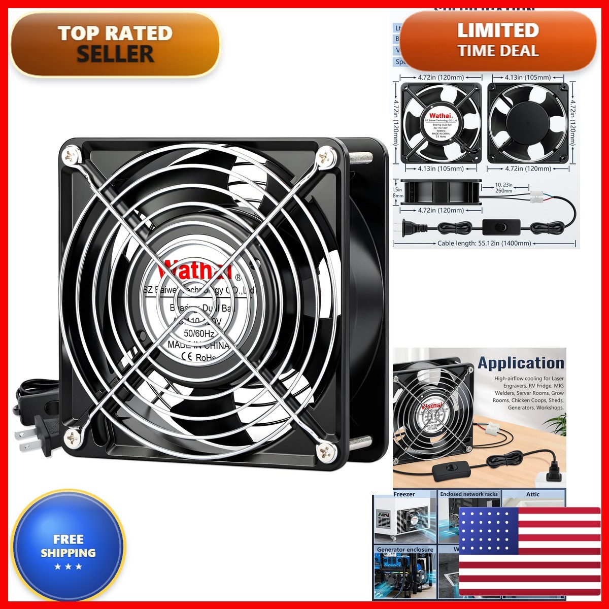 Wathai 12038 120mm x 38mm AC Axial Muffin Cooling Fan 110V 120V Dual Ball