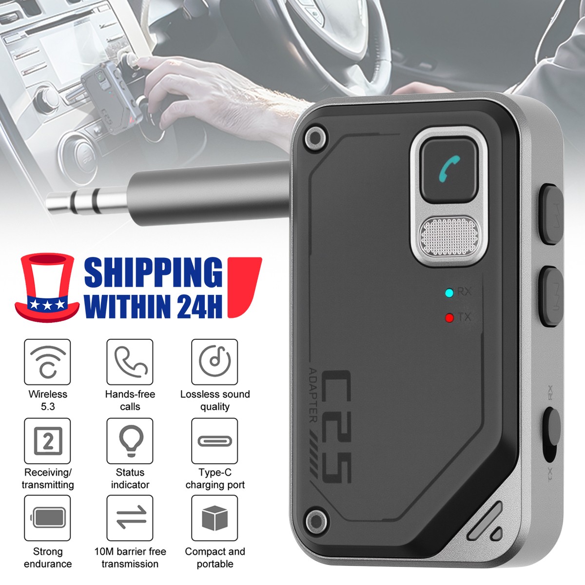 Bluetooth 5.3 TX RX Audio Adapter Wireless Transmitter Receiver Type-C 13Hr HiFi