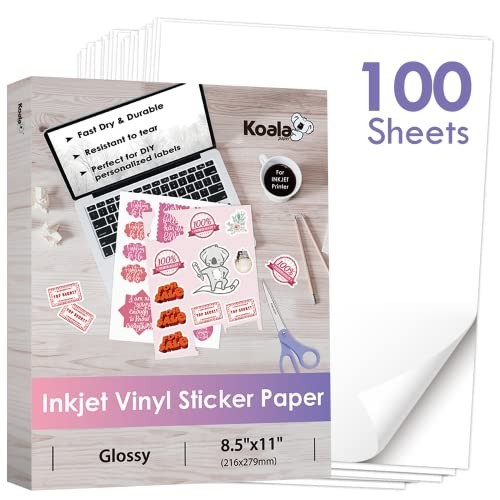 Printable Vinyl Sticker Paper, 100 Sheets, Glossy, 8.5x11 Inkjet