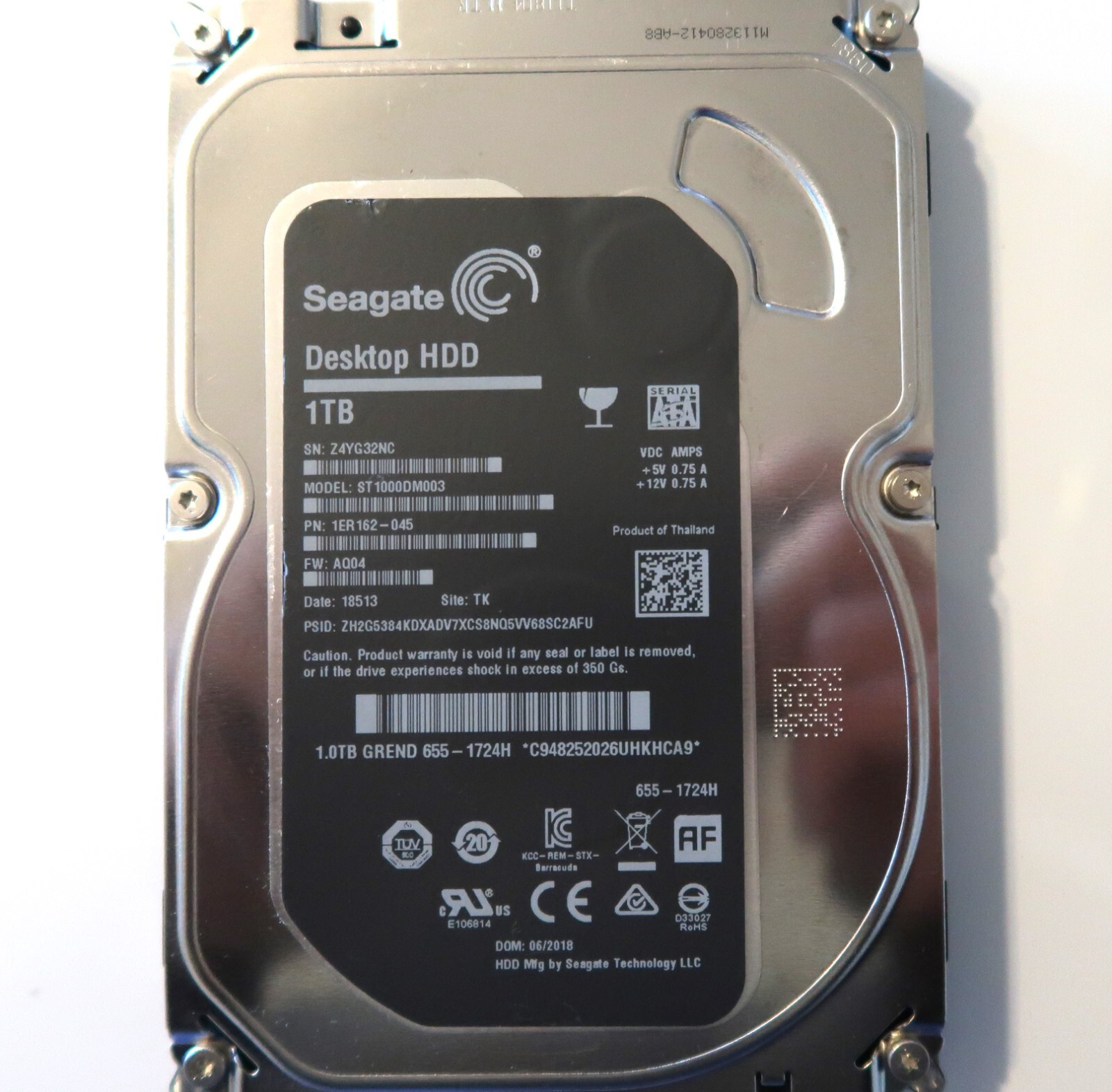 Seagate ST1000DM003 1ER162-045 AQ04 TK Thailand (Z4YG) 1000gb 3.5" Sata 06/2018