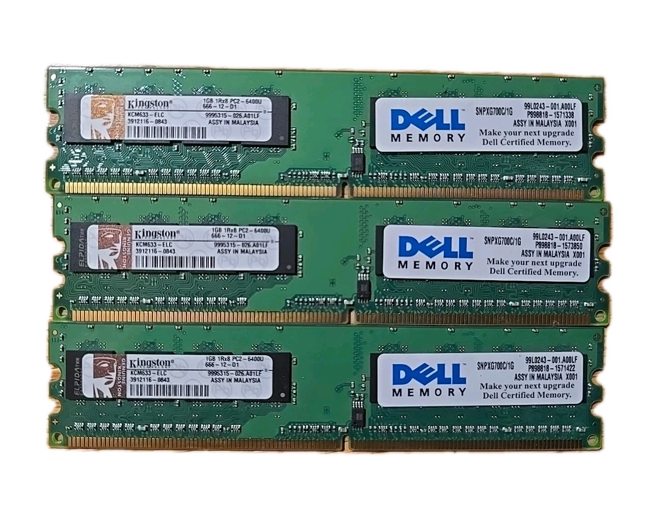 3GB (3x1GB) DDR2 PC2-6400 Desktop RAM Mixed Kingston Dell 800MHz Non-ECC DIMM