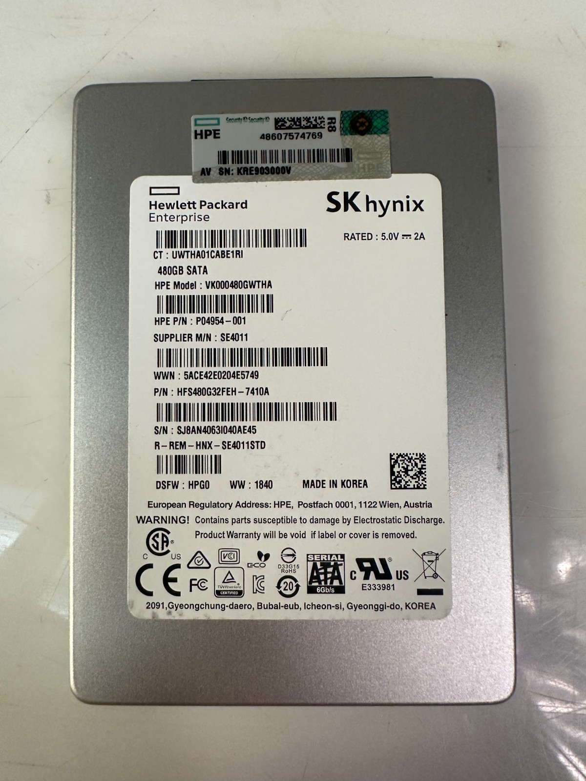 HPE SK Hynix 480GB SATA 6Gb/s TLC 2.5 SFF Solid State Drive SSD RI P06571-001