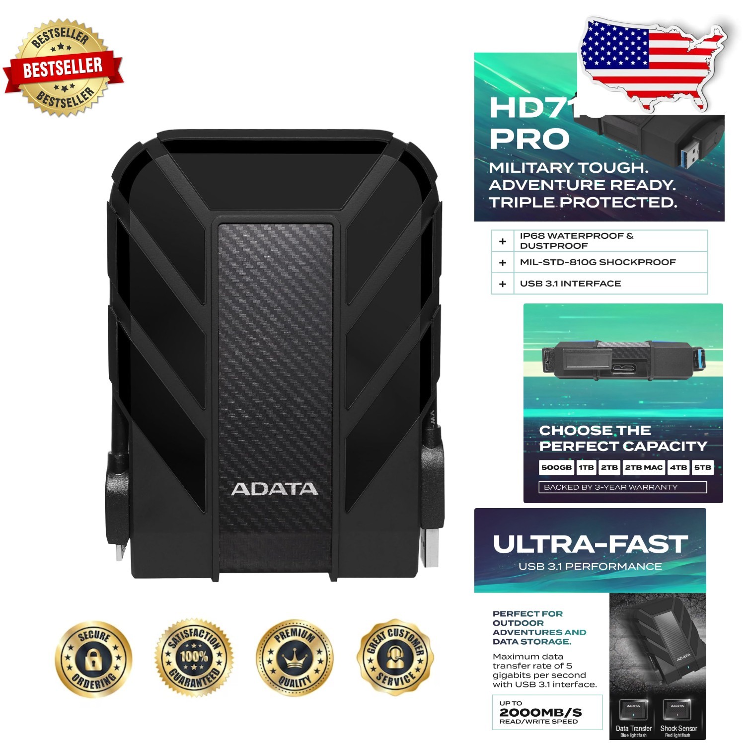 Adata HD710 Pro 2TB External HDD Military-Grade Waterproof Shockproof Durable...