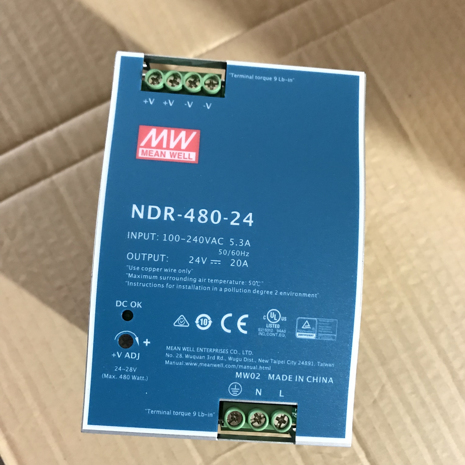 The new NDR-480-24 is suitable for MEAN WELL power supply 24V 20A 480W