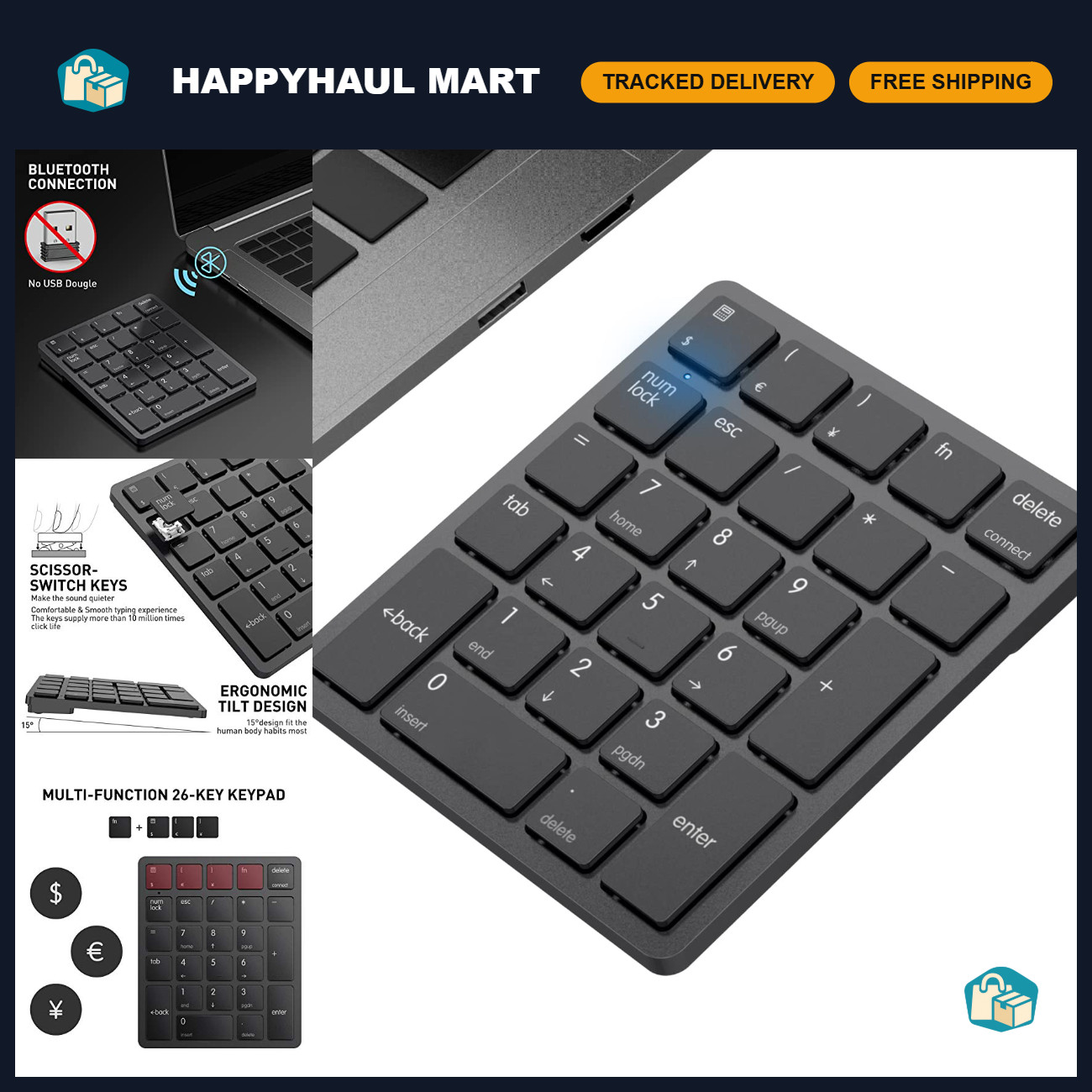 Wireless Bluetooth Numeric Keypad - 26 Keys Portable Rechargeable Numpad for PC