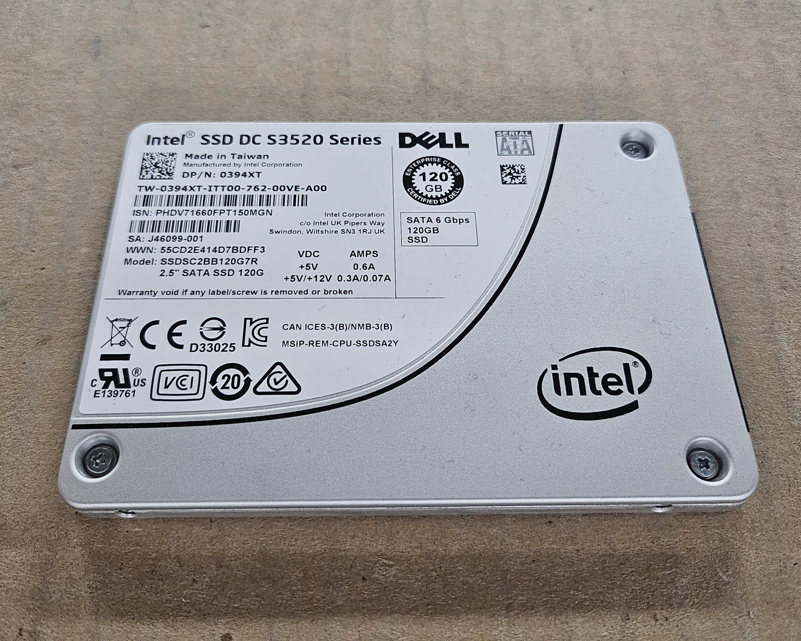 Dell 394XT 120GB SSD SATA 6GB Intel S3520 2.5 Drive