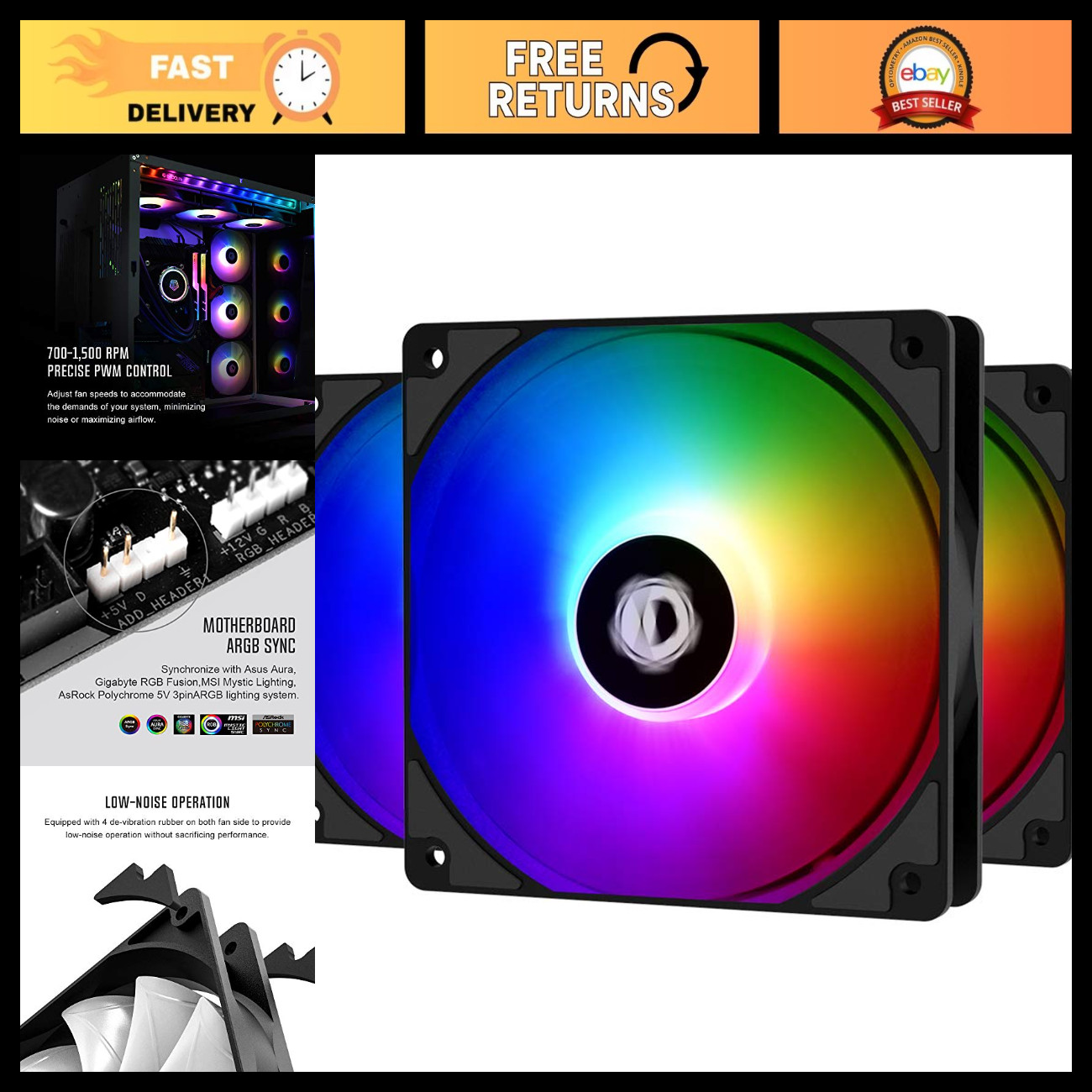 120mm ARGB Case Fan 3 Pack - Low Noise Cooling, RGB Lighting, PC Upgrade