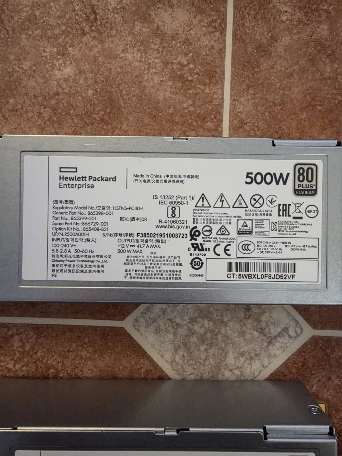 Hewlett Packard Enterprise 500W power supply unit, model HSTNS-PC40-1