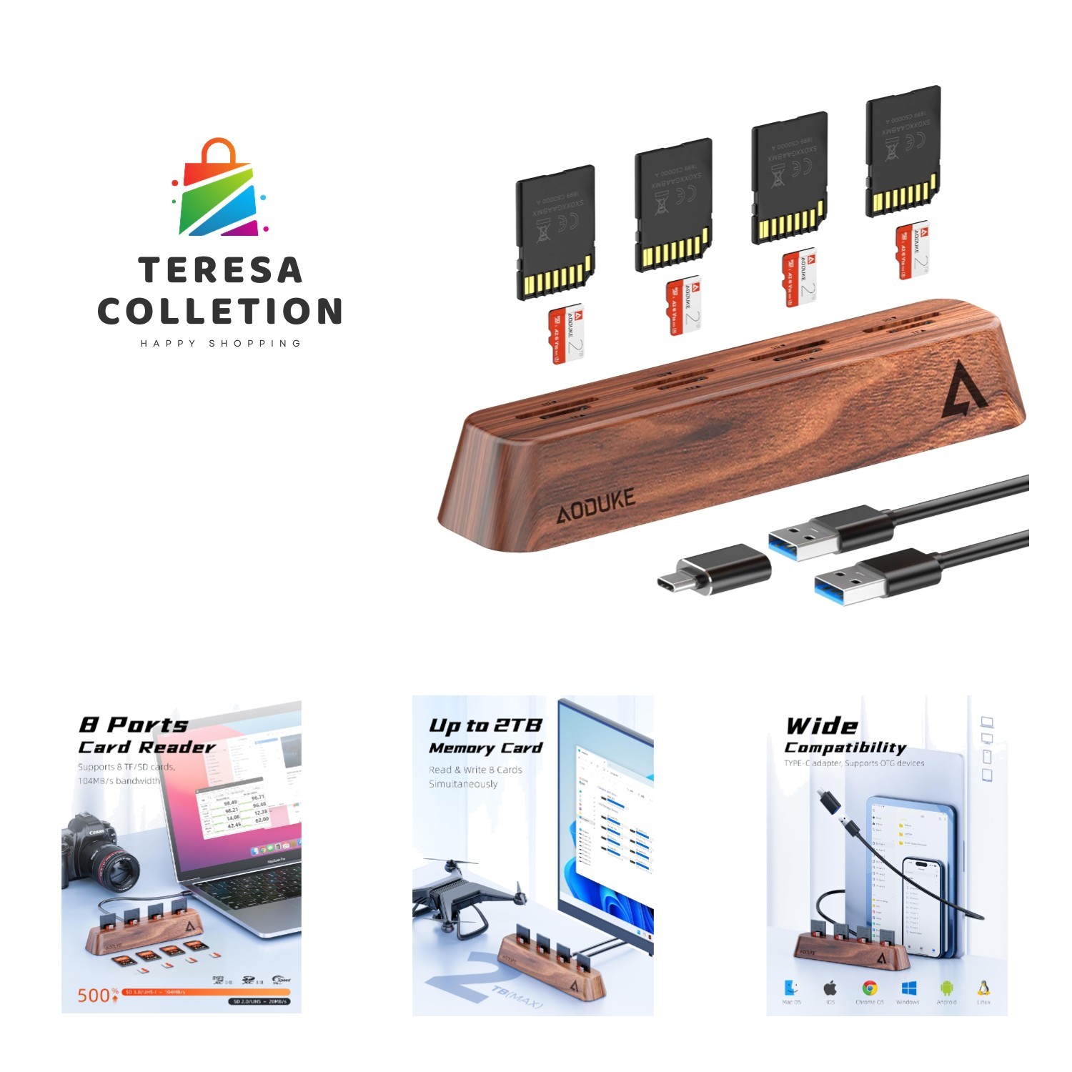 8-Port USB 3.0 Card Reader in Elegant Walnut Wood for Creative Professionals