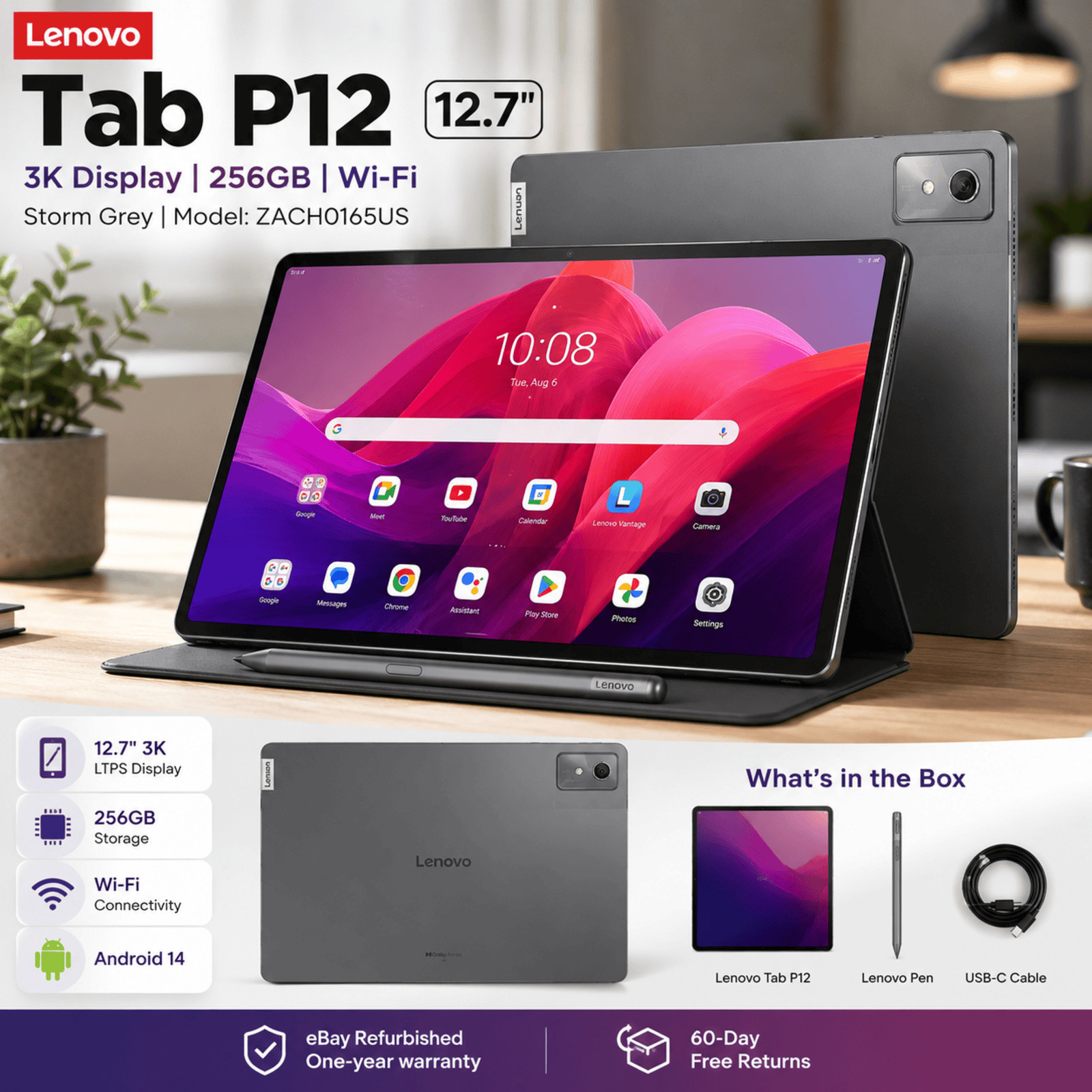 Lenovo Tab P12 12.7" 3K 256GB Storm Grey Wi-Fi Android Tablet + Pen ZACH0165US