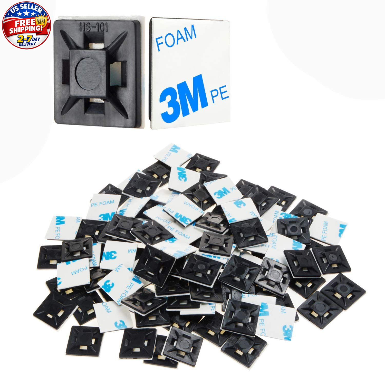 100 PCS 1.1" Black Self Adhesive Cable Zip Tie Mounts Wire Cable Clips Holder...