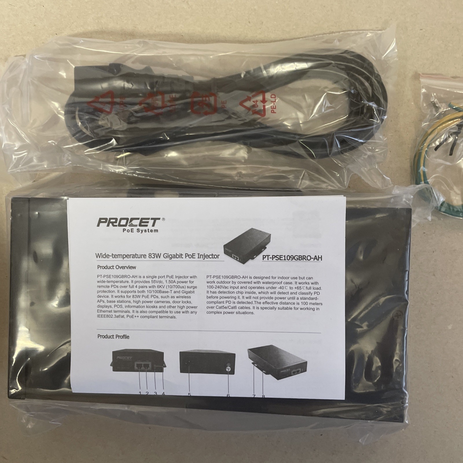 Procet PT-PSE109GBRO-AH Wide-temperature 83W Gigabit PoE Injector NEW Ver:3.0