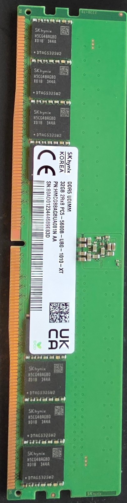 SK HYNIX 32GB (1X32GB) 2Rx8 PC5-5600B UDIMM SERVER MEMORY HMCG88AGBRA186N. 