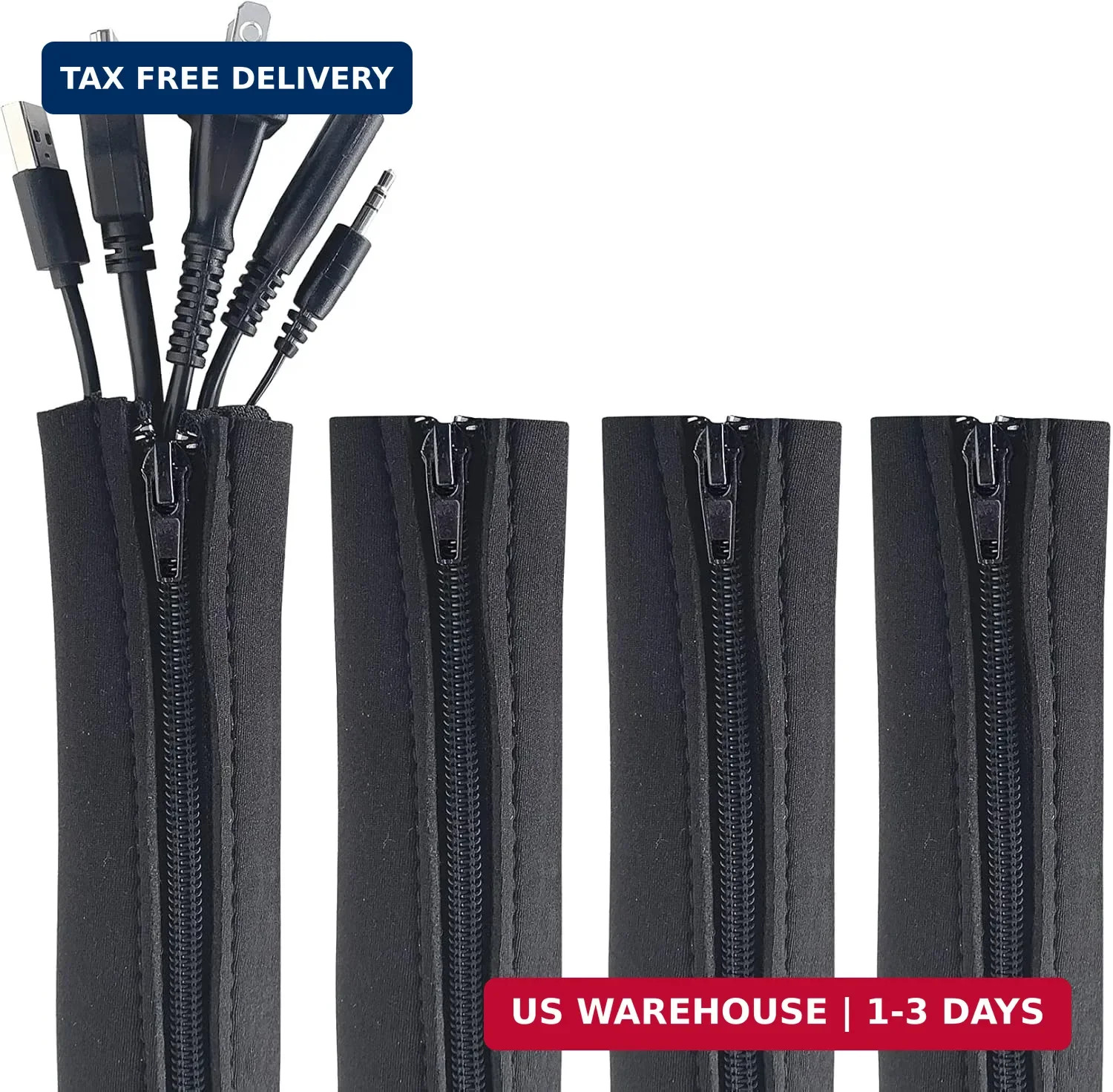 Zipper Cable Sleeve by Wrap-It Storage - 24" x 4" (4-Pack) Black - Cord Organize