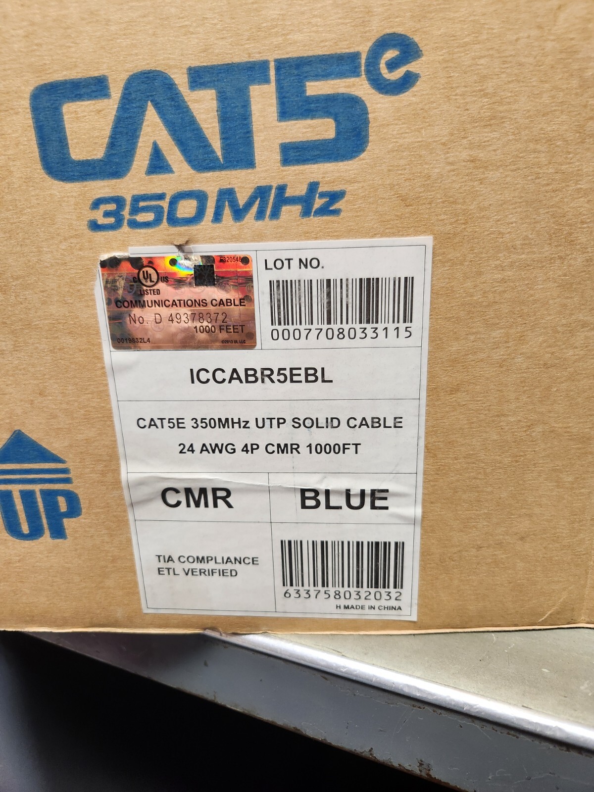 ICC CAT5e 350 MHz UTP Solid Cable 24 AWG 4P CMR cable Blue 326 feet