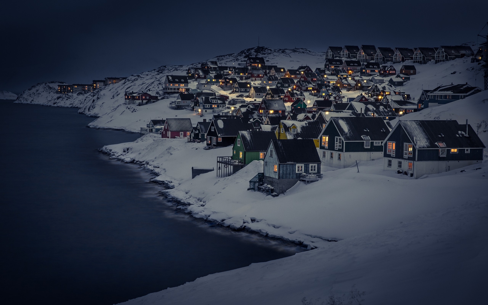 Landscape winter snow sea house lights night city Custom Gaming Mat Desk