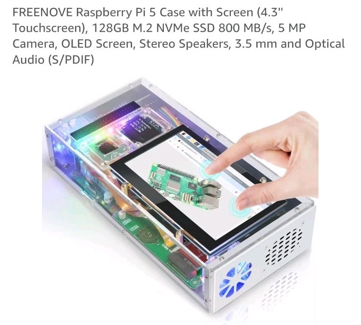 FREENOVE Raspberry Pi 5 Case with Screen (4.3'' Touchscreen), w/o 128GB M.2 SSD