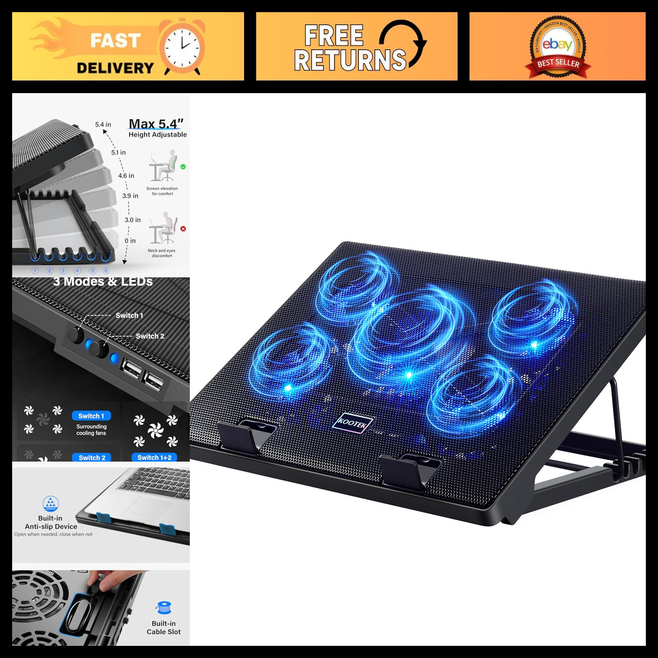 Ultra-Slim Laptop Cooling Pad with 5 Quiet Fans for 12-17 Inch Laptops