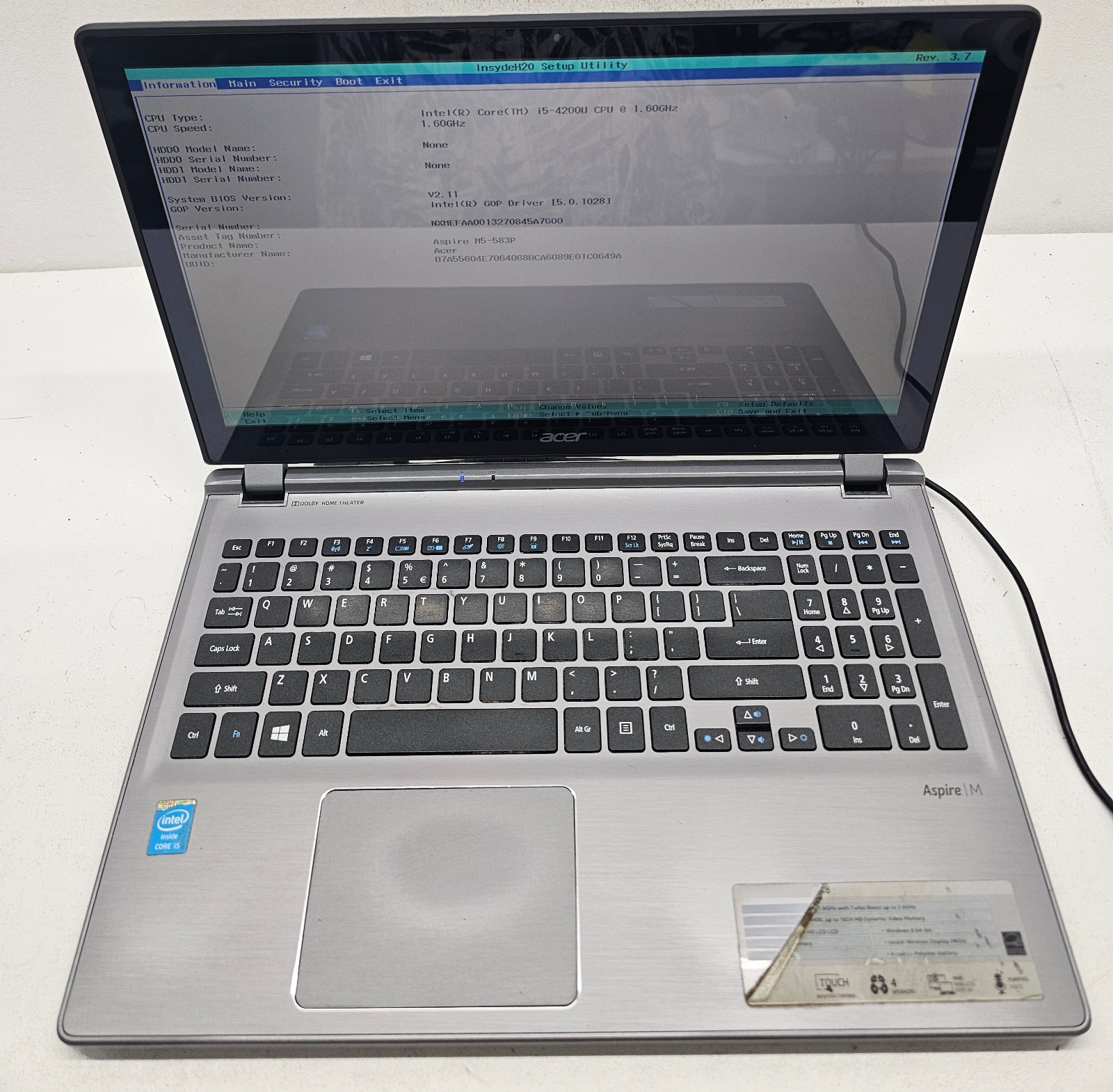 Acer Aspire M5-583P-6428 Laptop Intel Laptop i5-4200U 4GB Ram NO HD/OS (FL)