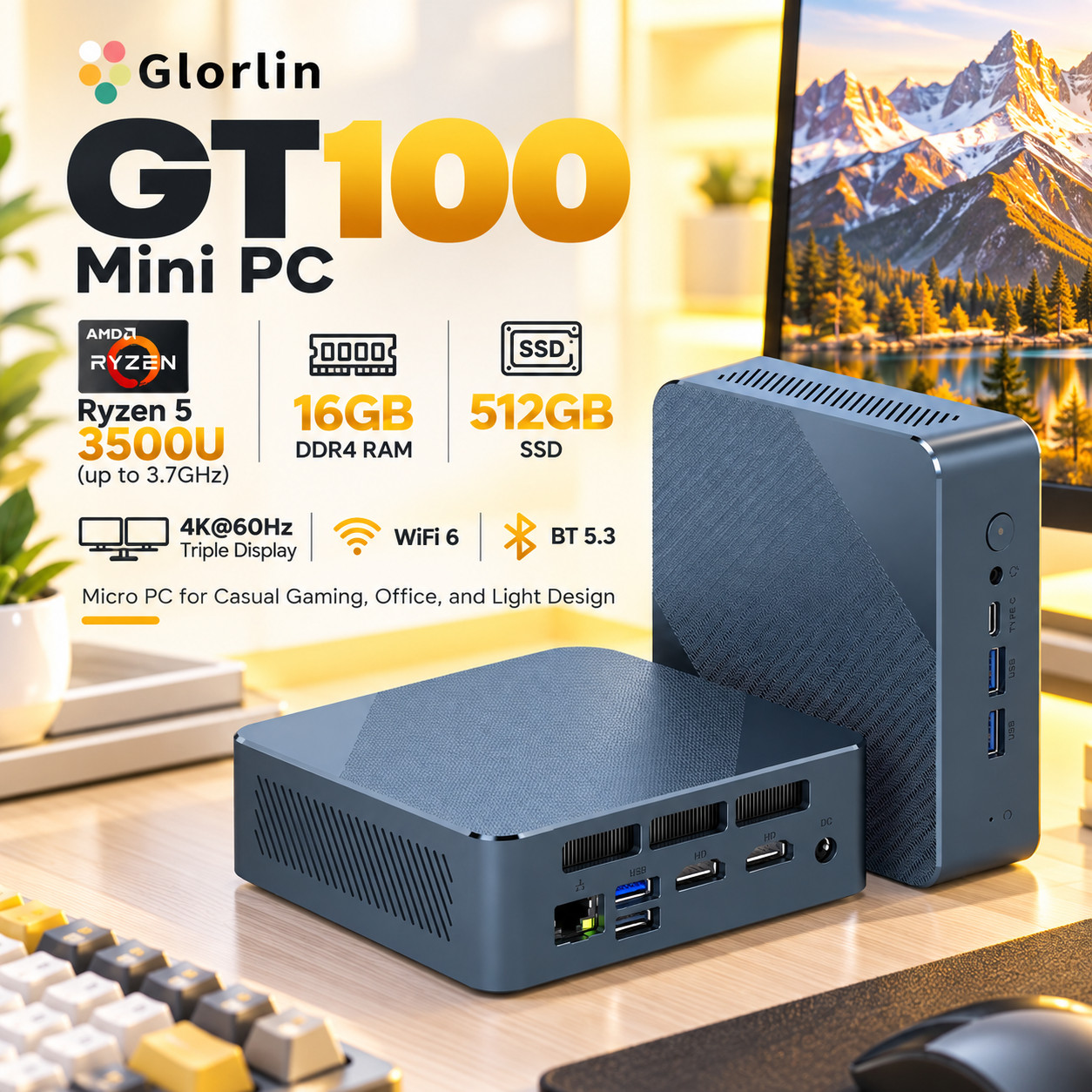 Glorlin GT100 Mini PC Ryzen 5 3500U 16GB DDR4 512GB SSD WiFi 6 BT5.3 Triple 4K