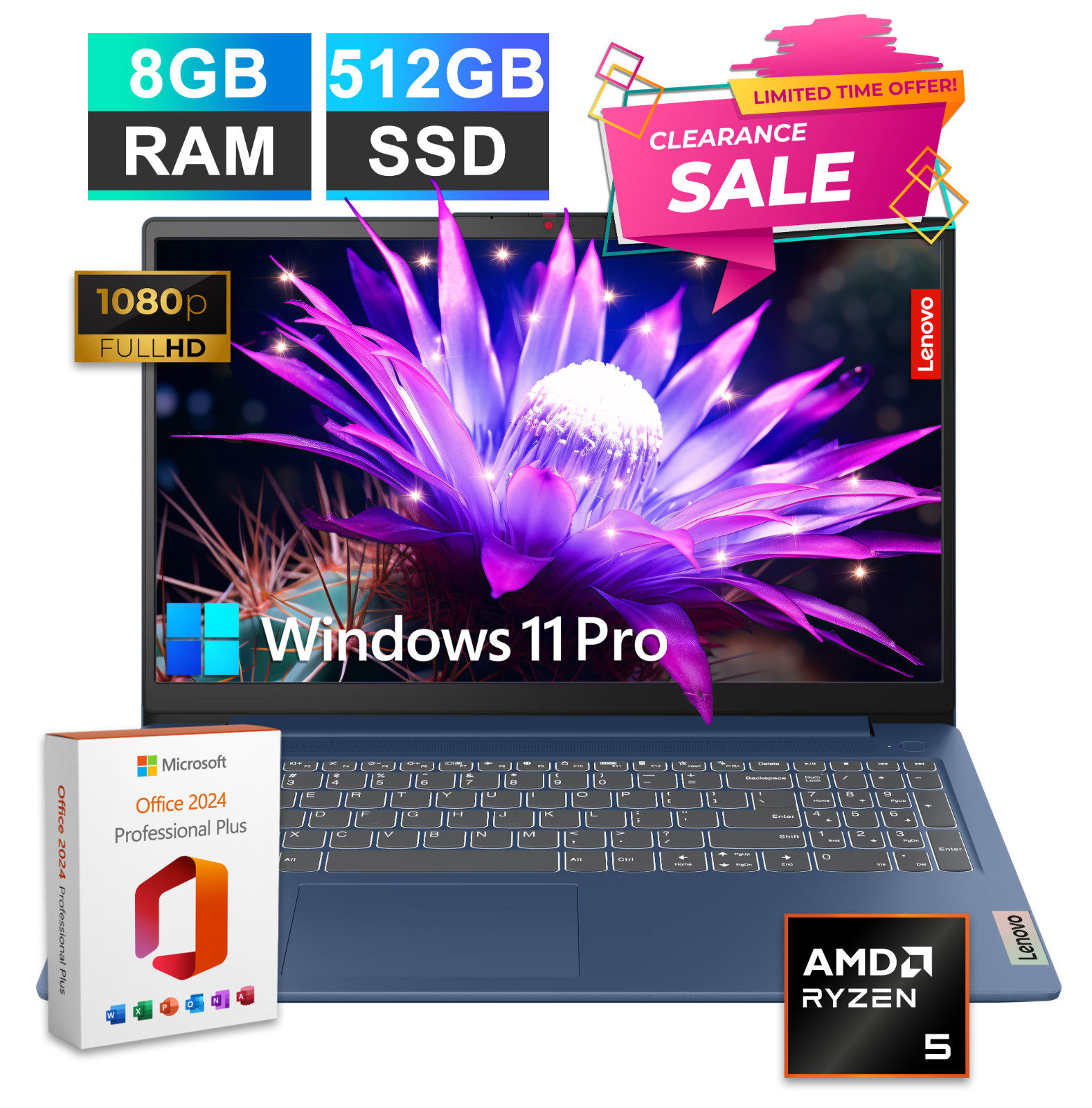2026 Lenovo Slim 3 Business Office Laptop 15.6" AMD Ryzen 5 8GB RAM 512GB SSD
