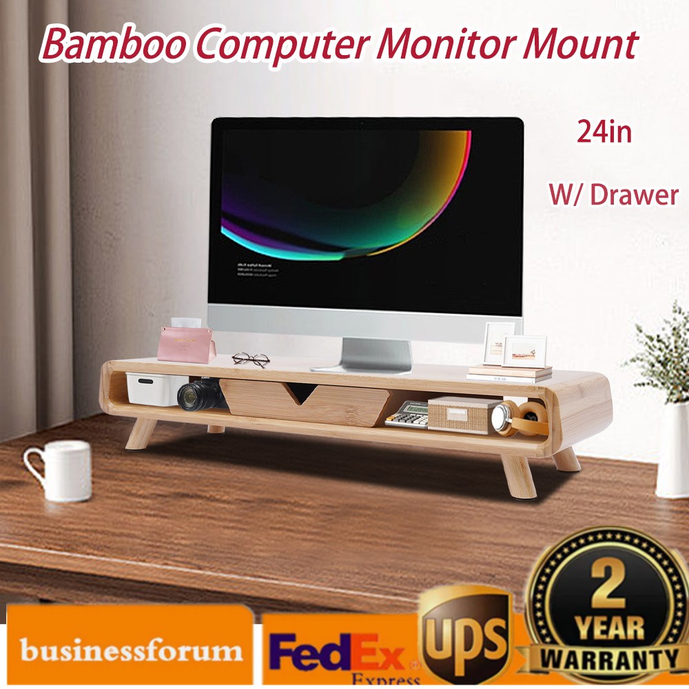Bamboo Monitor Stand 24in W/ Drawer Desktop Stand Office Back Baffle Gift Modern