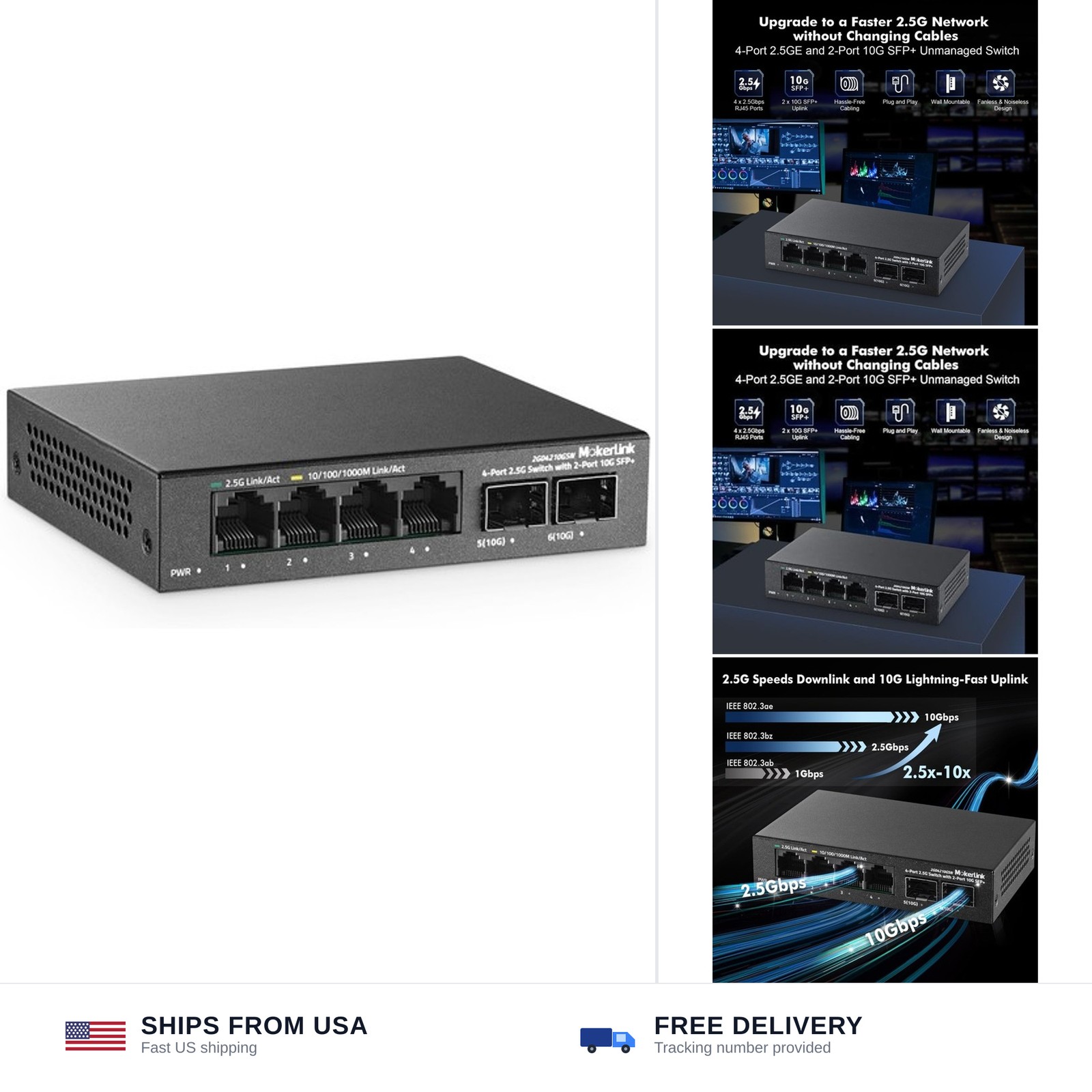 MokerLink 4 Port 2.5G Ethernet Switch with 2x10G SFP+ Slot, 4x2.5G Base-T Por...
