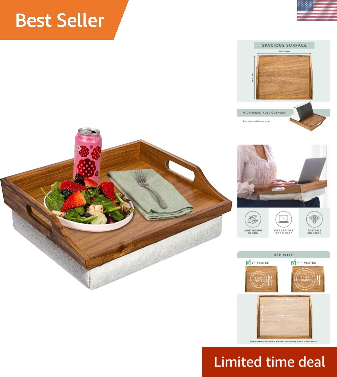 Elegant Natural Acacia Wood Lap Tray with Removable Cushion for 15.6" Laptops