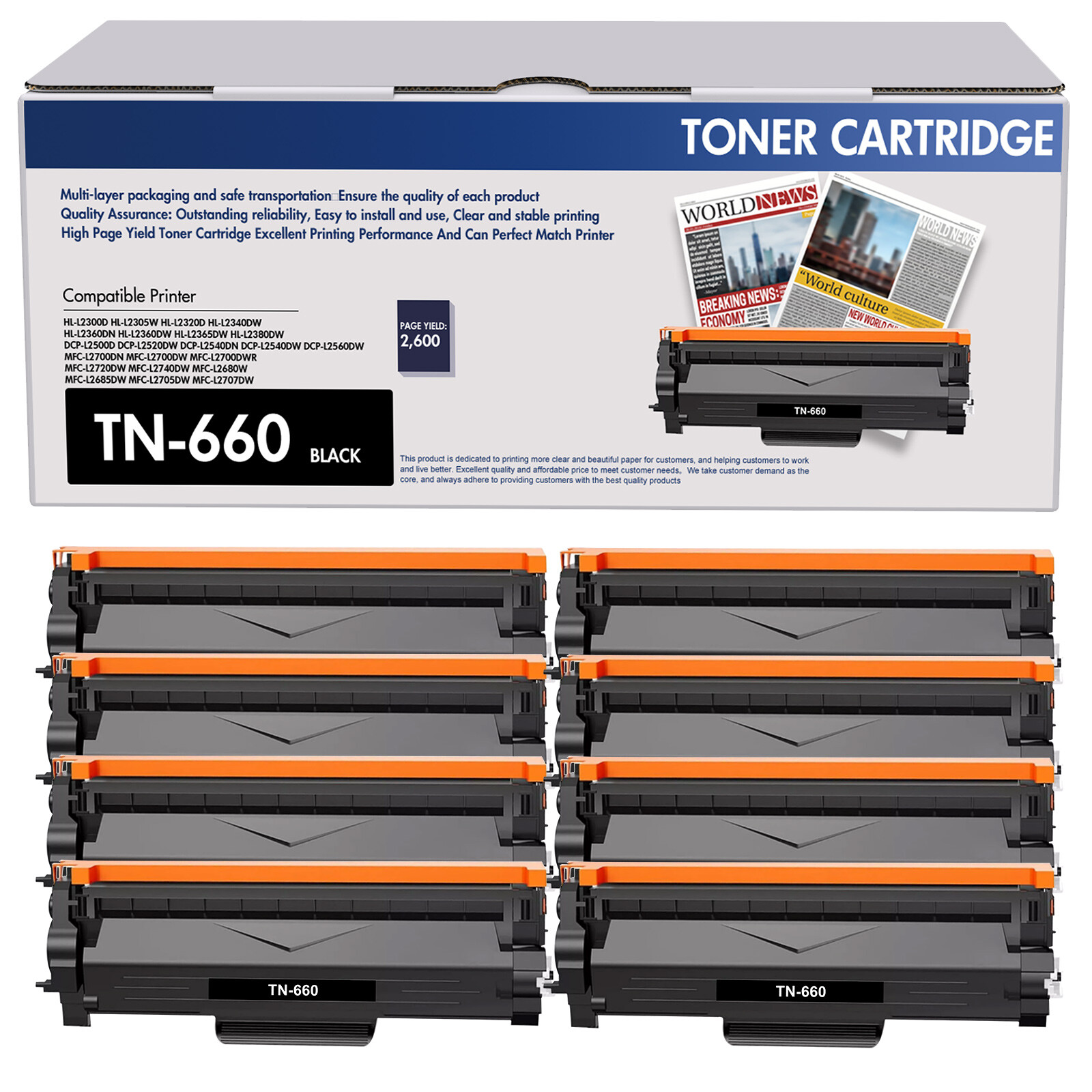8PK HY TN660 Toner Cartridge For Brother TN630 MFC-L2700DW HL-L2300D DCP-L2540DW