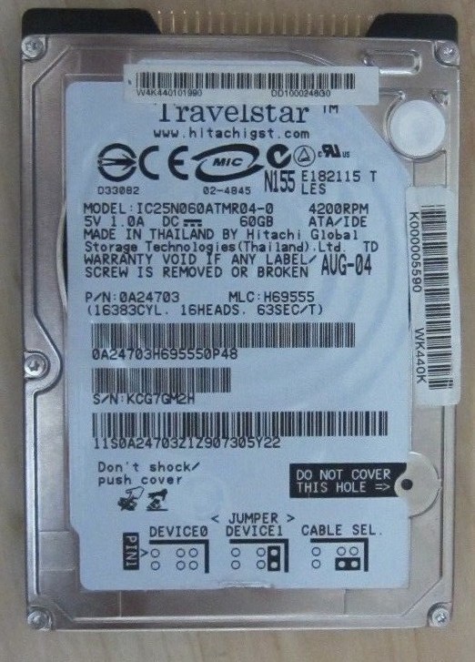IC25N040ATMR04-0, PN 0A24703, MLC H69555, Hitachi -- 60GB IDE 2.5 Hard Drive