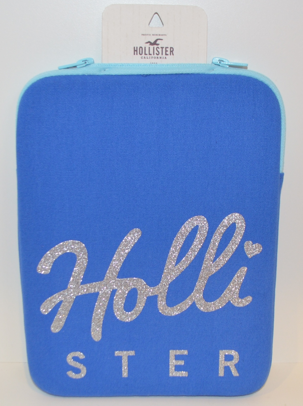 NEW HOLLISTER TABLET IPAD CASE PROTECTION BAG BLUE SILVER SPARKLY SLEEVE ZIPPER