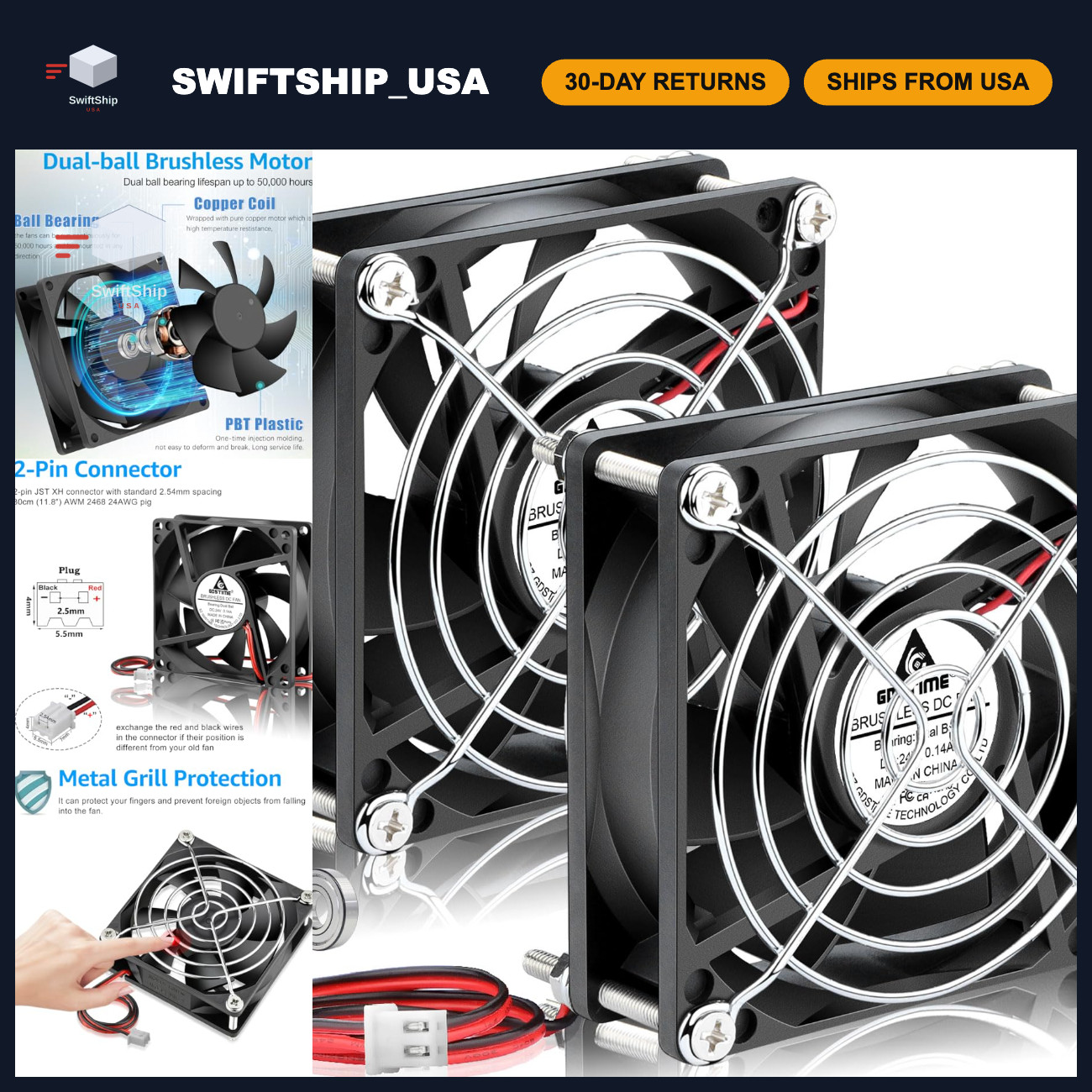 80mm Brushless DC Cooling Fan 24V 2-Pin - 2-Pack, Quiet & Efficient for PC/DIY