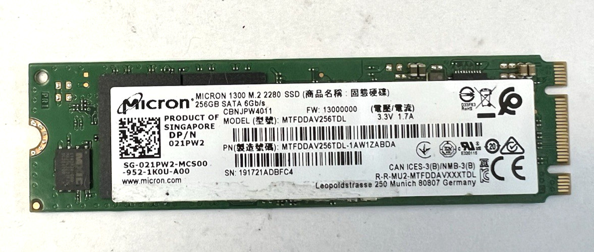 Micron 1300 M.2 2280 256GB SATA SSD PCIe MTFDDAV256TDL DP/N: 021PW2
