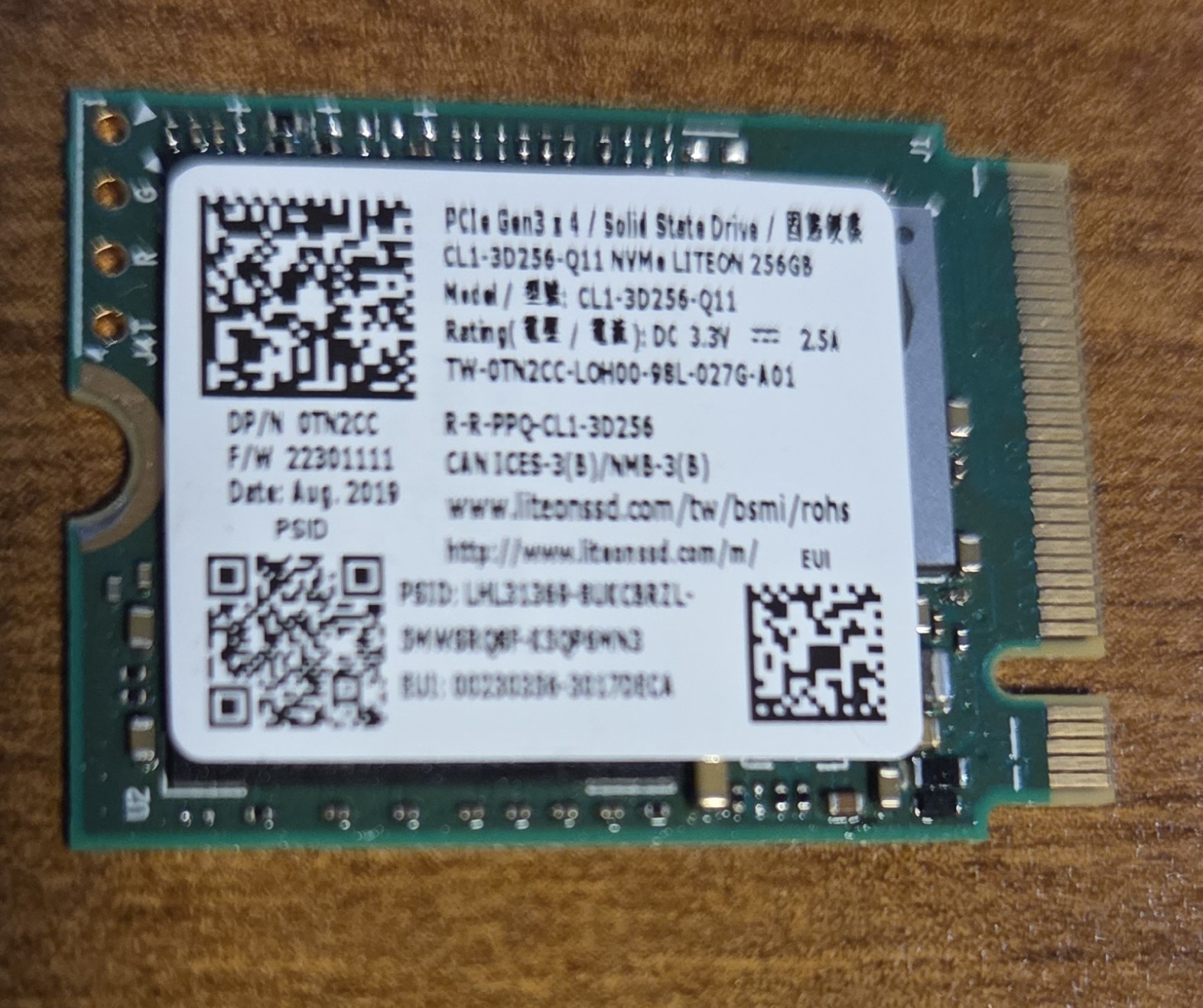 LITE-ON SSSTC 256GB PCIe 3.0 NVMe SSD 2230 Model: CL1-3D256-Q11 / 0TN2CC