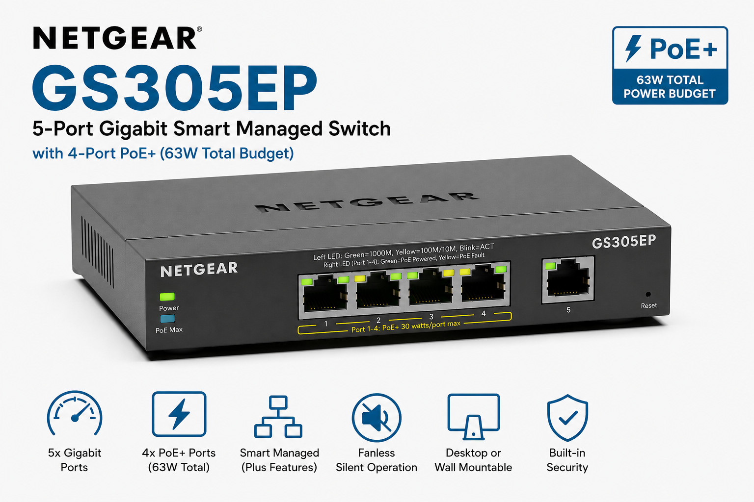 NETGEAR GS305EP 5-Port Gigabit Mountable Ethernet PoE+ Smart Managed Switch New