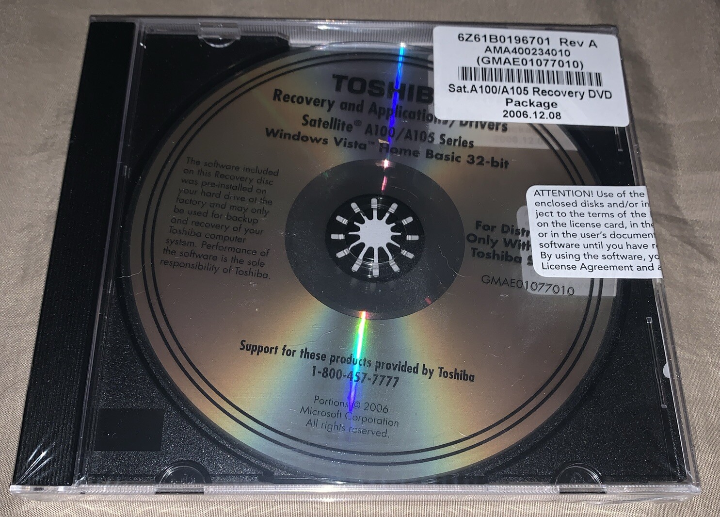 TOSHIBA RECOVERY AND APPLICATIONS DRIVERS DVD SATELLITE A100 / A105  NEW SEALED