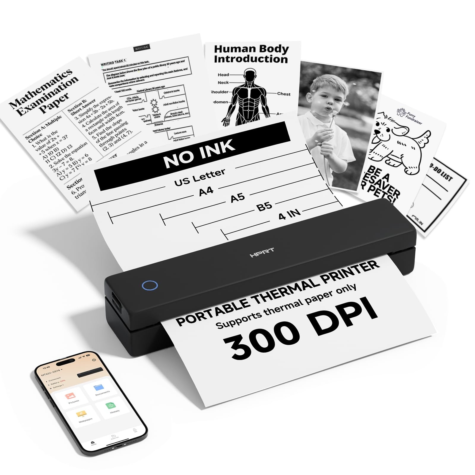 HPRT MT620 Pro Inkless Portable Thermal Printer Wireless 300 DPI Travel