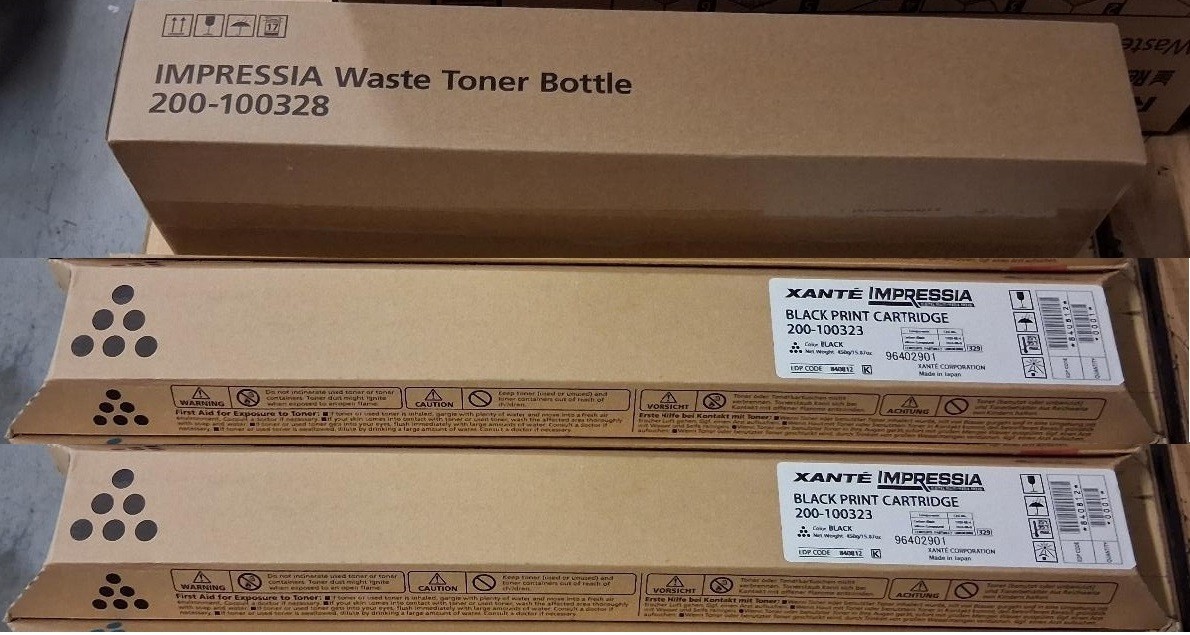 3 Sealed Xante Impressia Black Toner Cartridges 200-100323 and Waste 200-100328