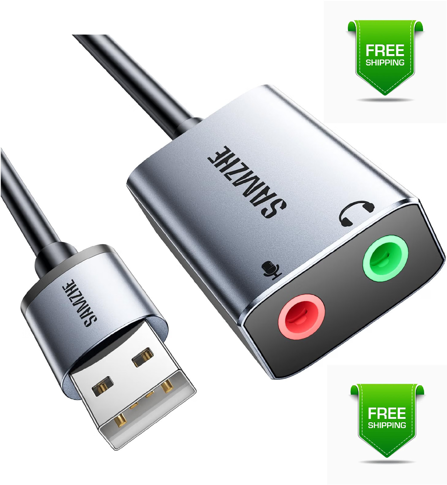 SAMZHE USB to Audio Jack Sound Card Adapter with Dual TRS 3-Pole 3.5mm Headphone