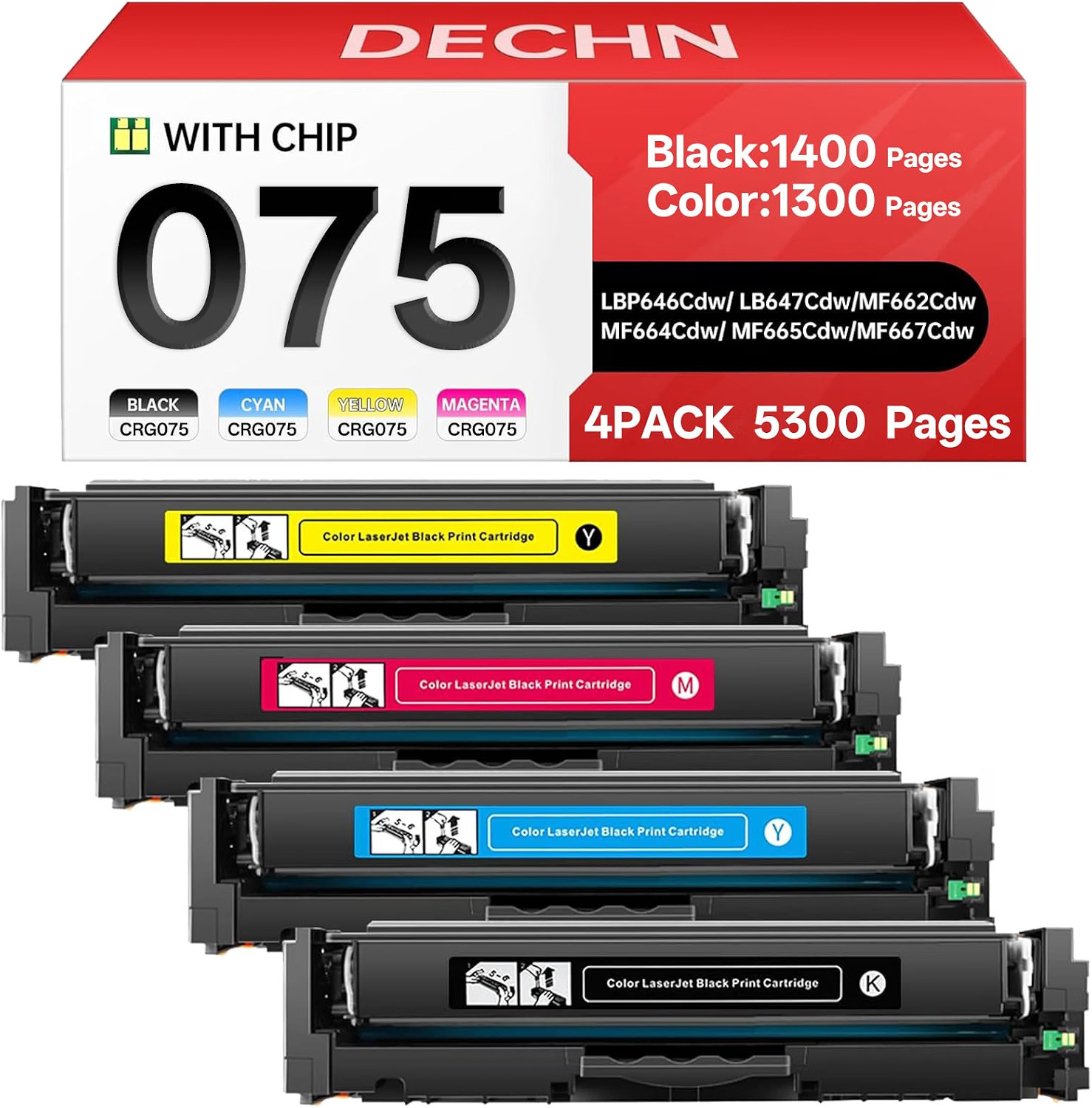 With Chip 4-Pack Toner Cartridge Black Cyan Magenta Yellow 075 Canon BN Compatib