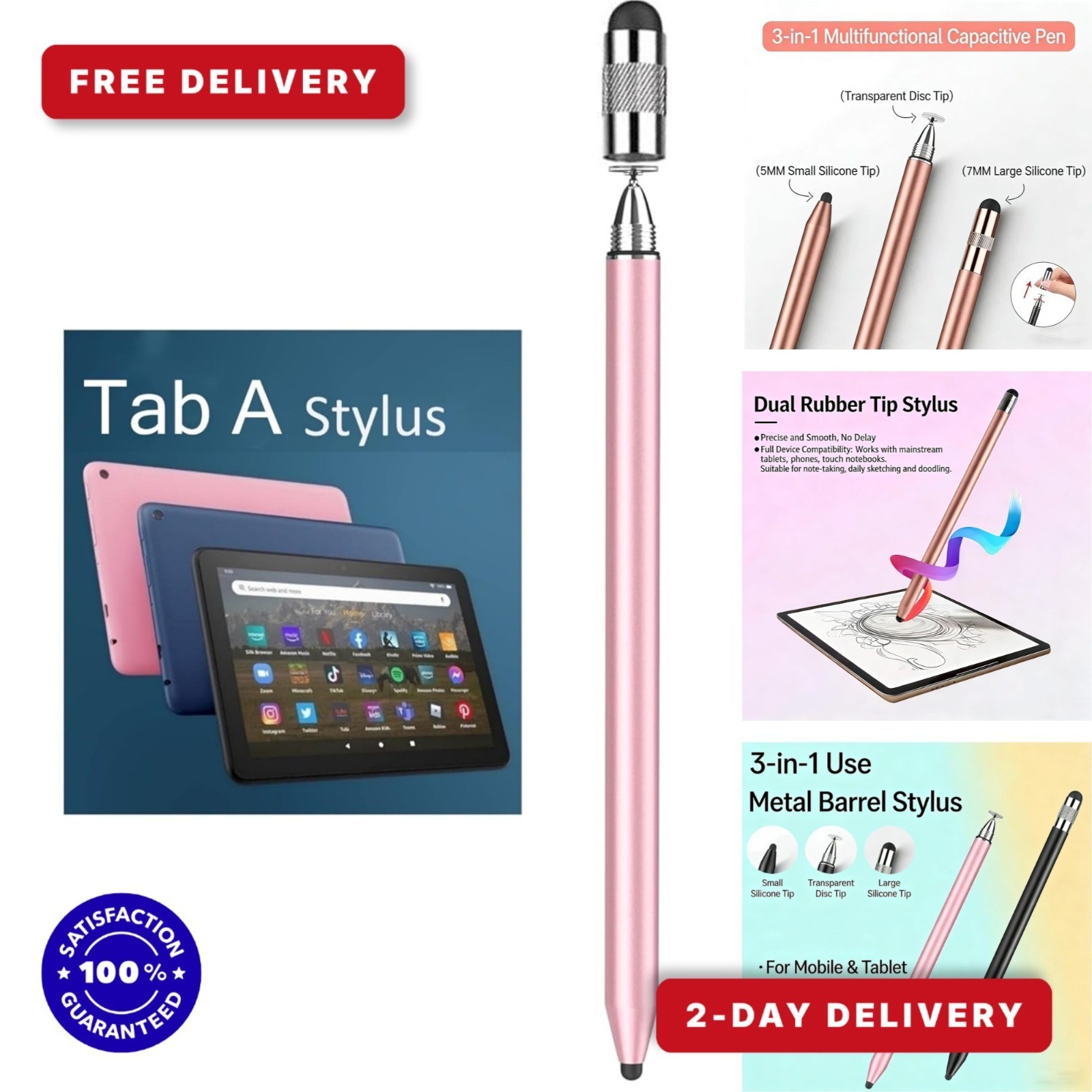3-in-1 Stylus Pen for Samsung Galaxy Tab A/A+/A9/A8/iPad Pro - Rosegold