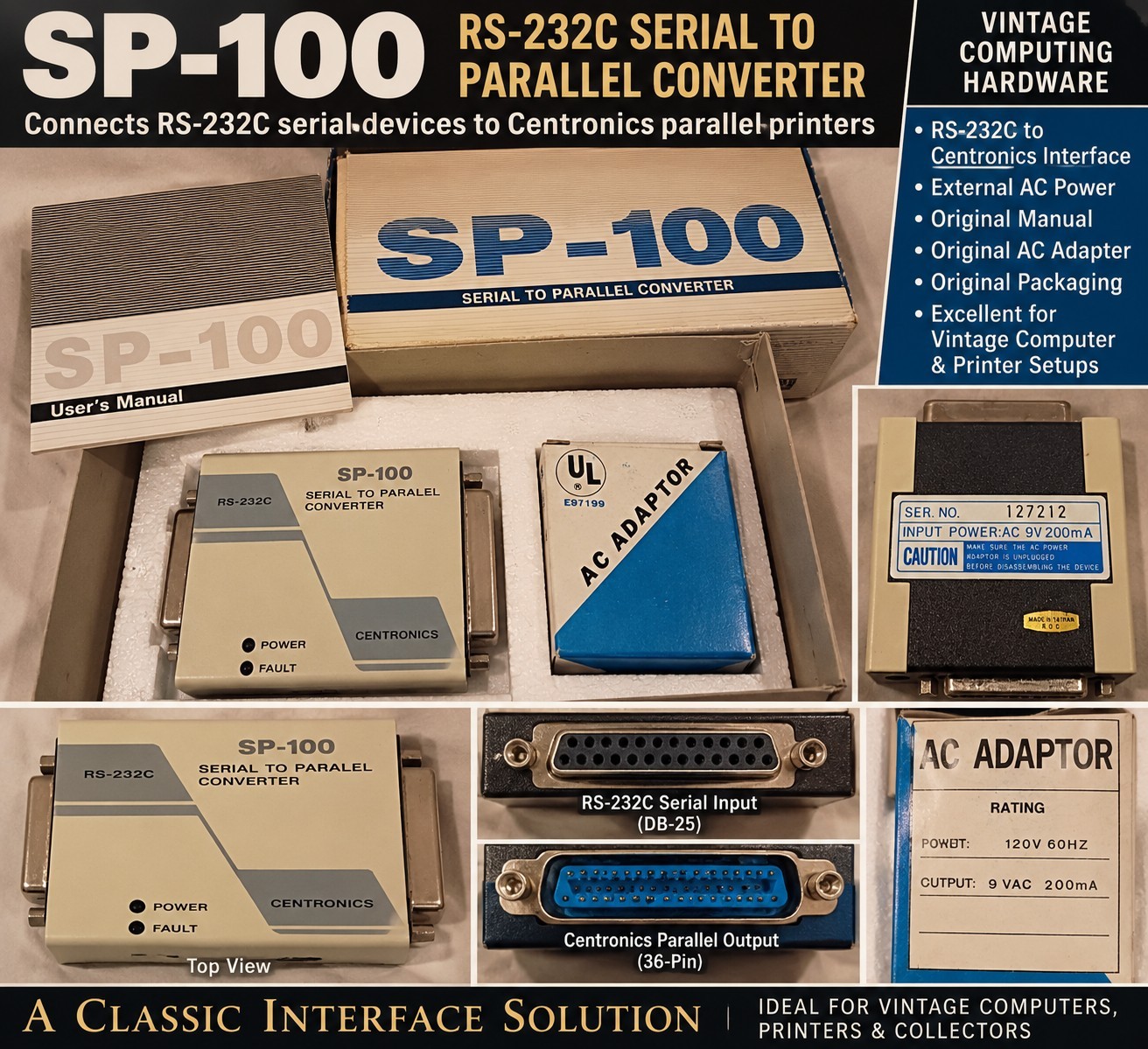 Vintage SP-100 RS-232C Serial to Centronics Parallel Converter Box Manual AC