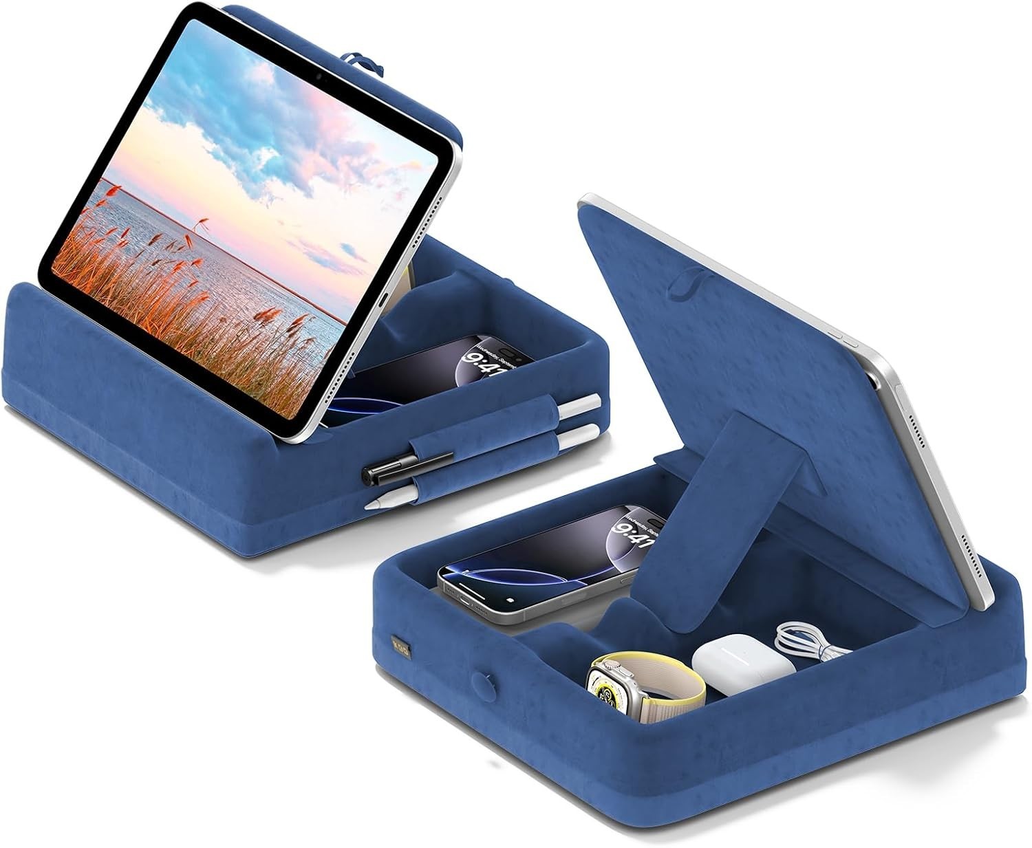 KDD Tablet Pillow Stand with Storage, Foldable iPad Holder for Lap, Dark Blue 