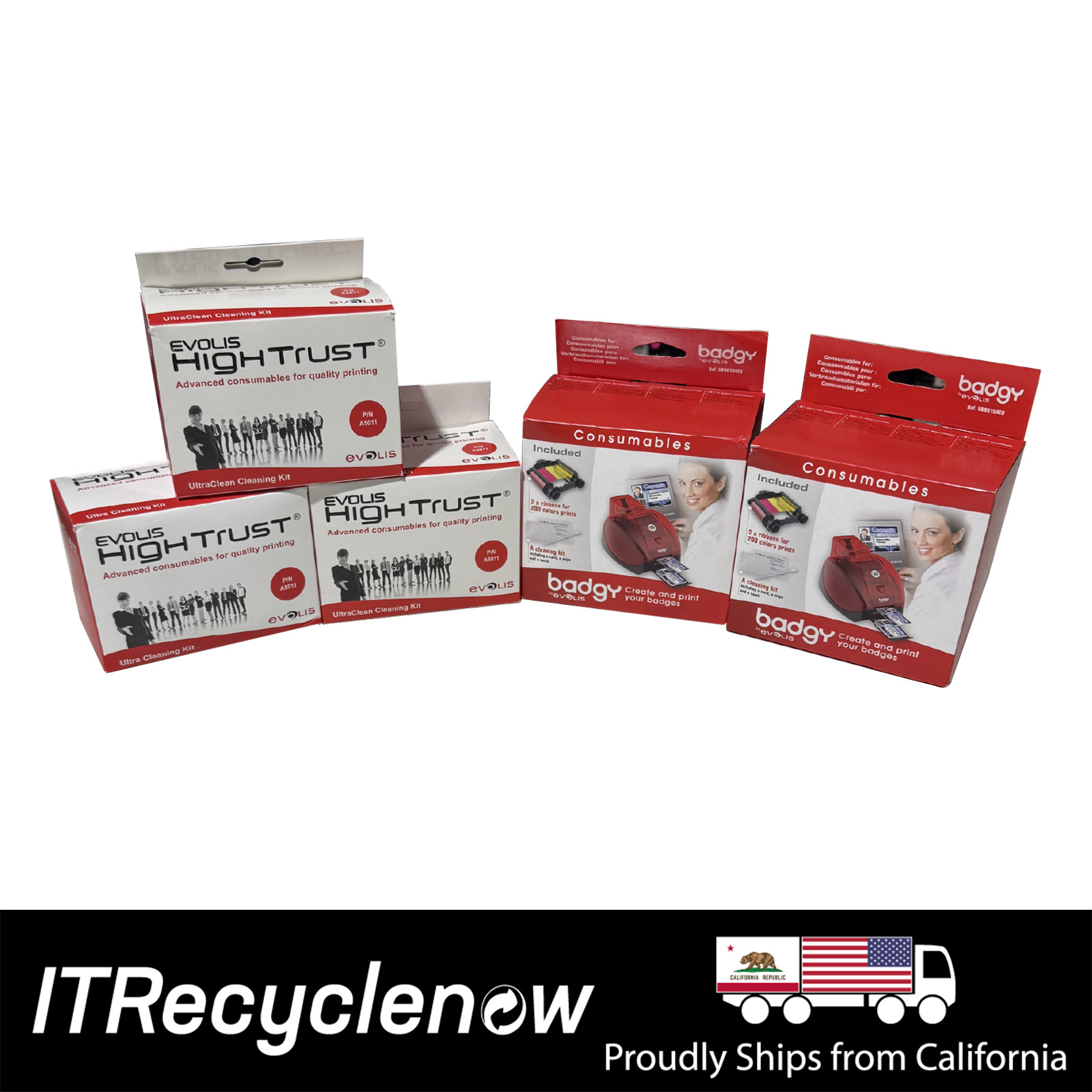 New Lot 4 Genuine Evolis Badgy YMCKO Color Ribbons + 3 UltraClean Cleaning Kits