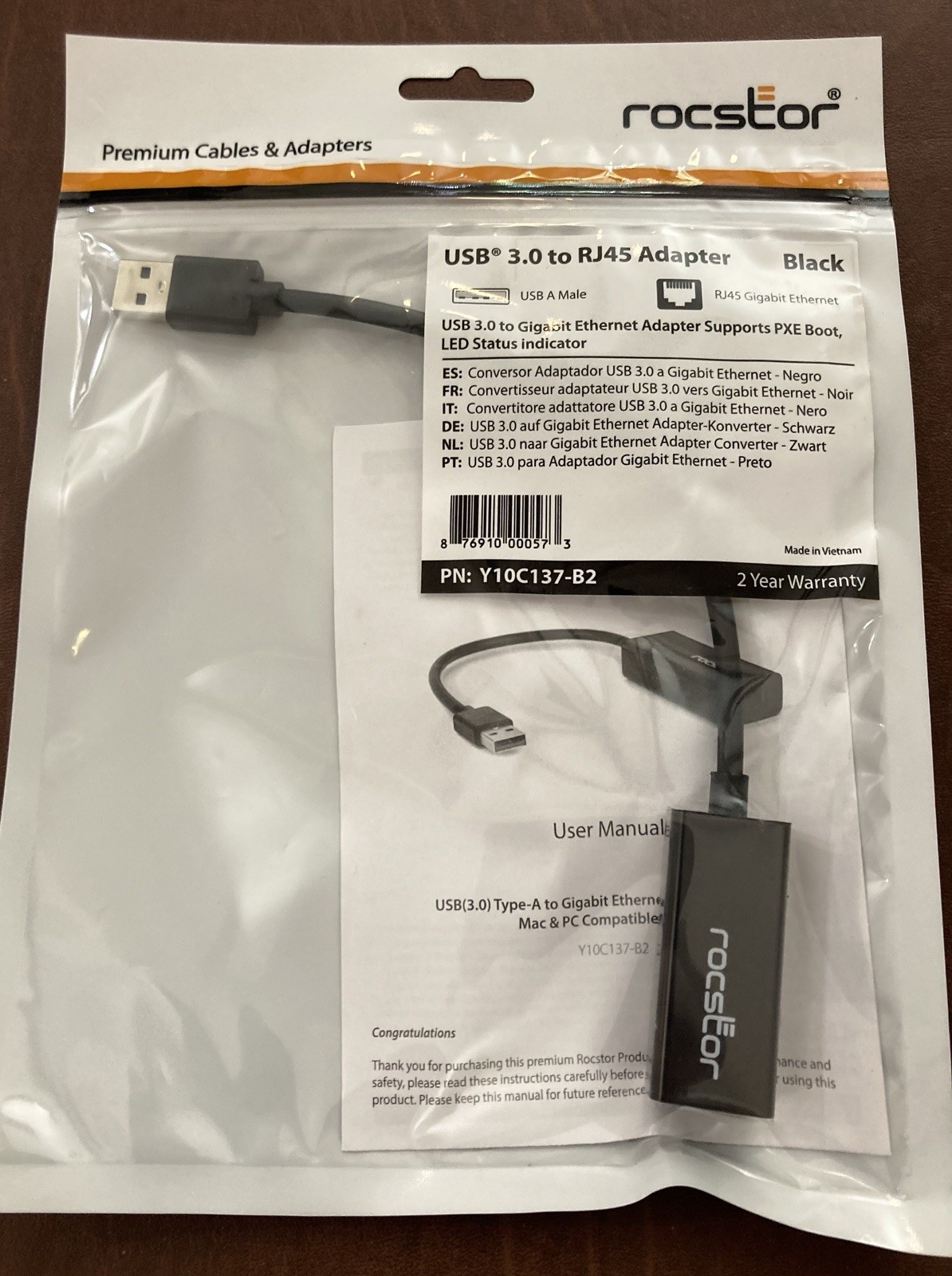 Rocstor USB 3.0 A Male to RJ45 Gigabit Ethernet Adapter Black LED Y10C137-B2
