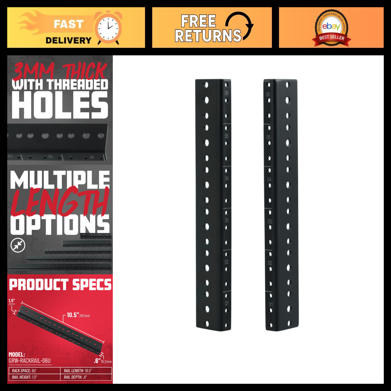 Heavy Duty Steel Rack Rail Set - 6U Rack Mount Bracket, Durable Storage Solution