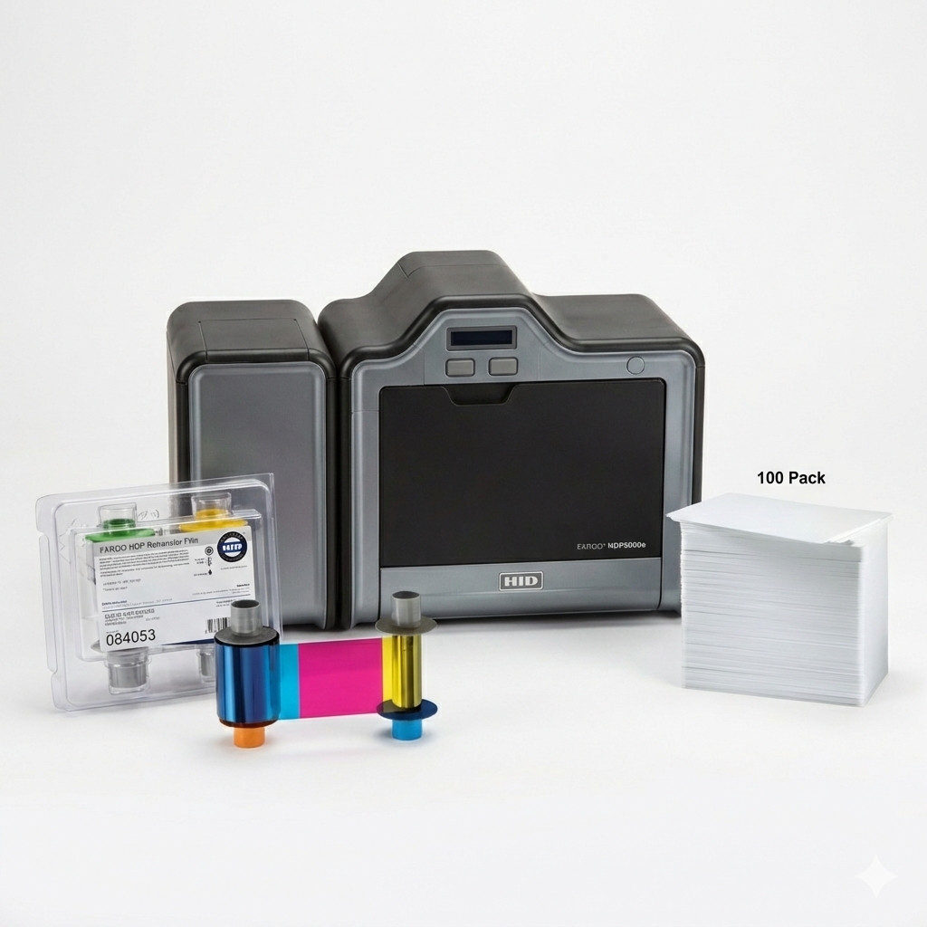 Fargo Electronics HDP5600 Dual-Side ID Card Printer w/ 100 pvc, ribbon, transfer