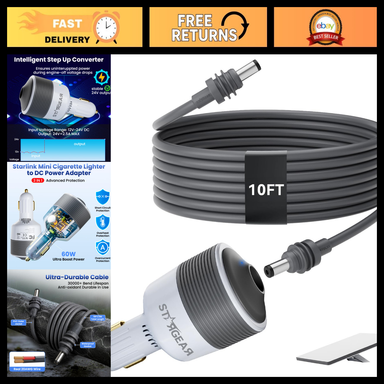 10FT DC Power Cable Mini Car Adapter for Starlink - Compact & Portable Solution