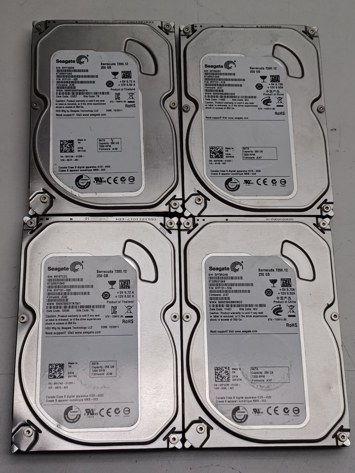 Lot of 4 Seagate Barracuda 7200.12 250GB HDD Hard Drive ST3250312AS Used