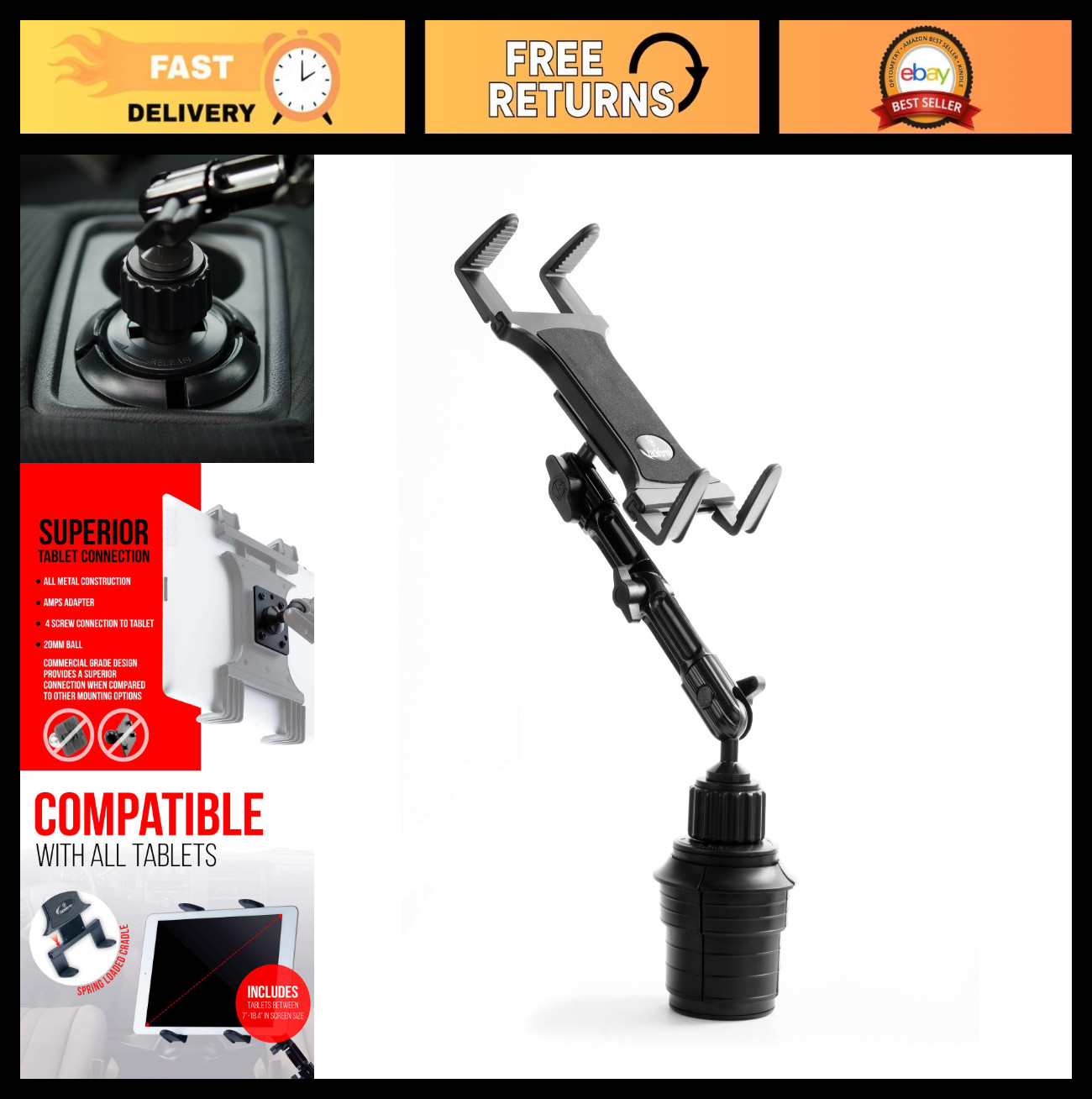 Heavy Duty Tablet Cup Holder Mount for Car/Truck - 3-Way Adjustable Arm, Univers